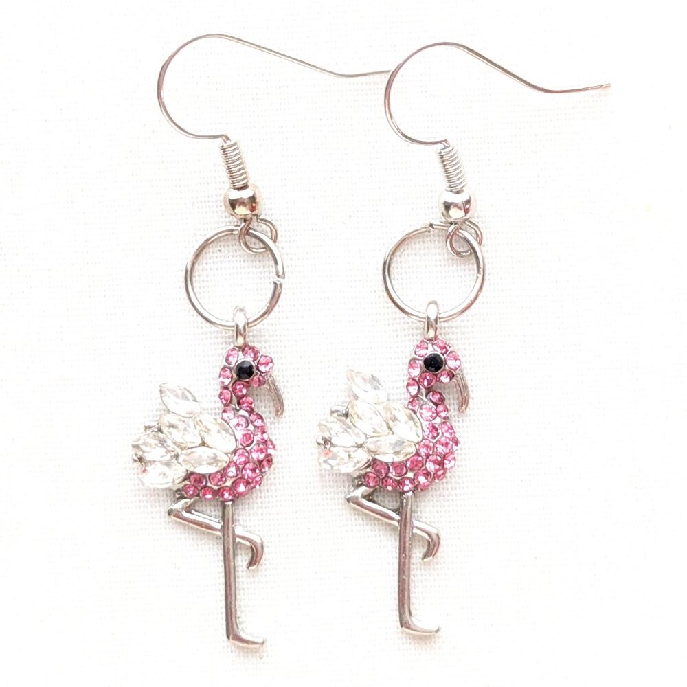 Pink Flamingo Bird Dangle Earrings Rhinestone Animal Figural Jewelry